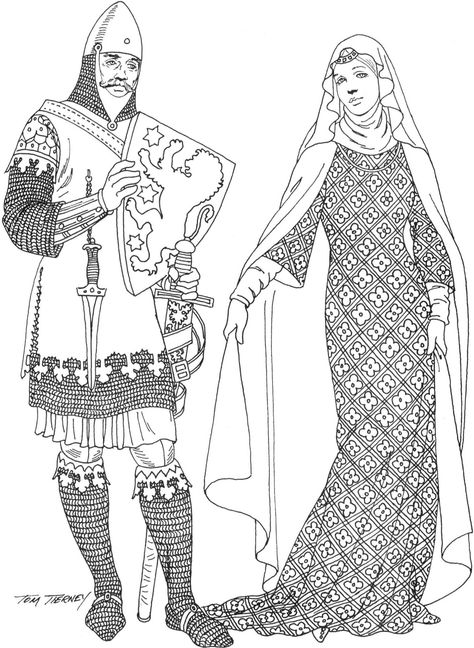 Englishmen Left: crusader knight wears chain mail hood under steel helmet w/chain mail tunic, leggings, steel knee guards, and shoes. surcoat with dagged edging over the tunic Right: noblewoman is wearing white linen wimple and gorget with a jeweled circlet. diapered pattern bliaud covers a white chemise. covering all is a full mantle with contrasting lining. (13th C) White Chemise, Knee Guards, Crusader Knight, Medieval Clothes, Adult Coloring Designs, Tunic Leggings, History Fashion, Medieval Clothing, Medieval Dress