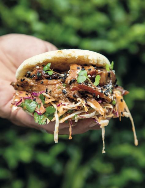 Enjoy the tasty blend of Hoisin-Glazed Ribs Arepa with Korean slaw—a fusion of Asian and Latin flavours in each bite! @rpscicobooks @FireflyBooksLtd #IrenaStein #arepa #areparecipes Korean Slaw, Korean Fusion Food, Glazed Ribs, Red Pepper Paste, Fusion Recipes, Pork Glaze, Ribs On Grill, Corn Flour, Fusion Food