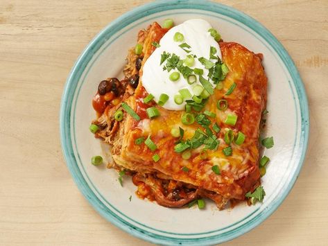 Pulled Pork Enchilada Casserole Recipe | Food Network Kitchen | Food Network Pork Enchilada Casserole, Green Chile Pork, Bread Breakfast Recipes, Garbage Bread, Pulled Pork Enchiladas, Pulled Pork Leftover Recipes, Leftover Pulled Pork, Pork Enchiladas, Barbecue Pulled Pork