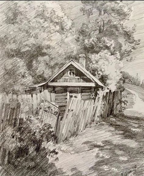 Color Art Lessons, Landscape Pencil Drawings, Pen Art Work, Perspective Drawing Architecture, Pencil Sketch Drawing, Nature Sketch, Landscape Sketch, Charcoal Art, House Drawing