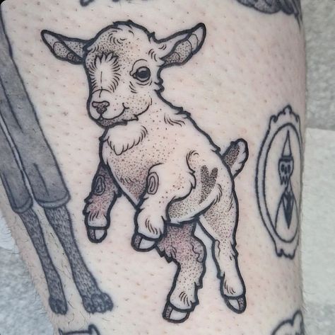 Tattoo Snob | Baby Goat tattoo by @ginger_cnut_tattoo at @summerluvintattoo in Wigan, Lancashire, England | Instagram Baby Goat Tattoo, Felix Tattoo, Lamb Tattoo, Goat Tattoo, Sheep Tattoo, Cow Tattoo, Capricorn Tattoo, Future Tattoo Ideas, Cute Lamb