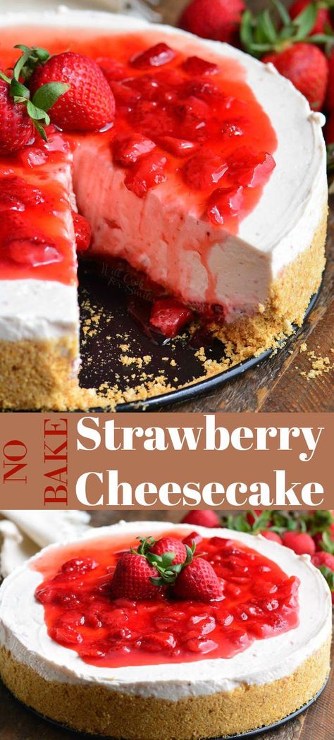 NO BAKE Strawberry Cheesecake recipe - Beautiful, silky soft, no bake cheesecake made with homemade strawberry filling throughout. #cheesecake #NoBake #dessert #strawberry Strawberry Cheesecake Recipe Easy No Bake, Cheesecake Filled Strawberries Recipe, Strawberry Cheesecake Recipe Easy, Strawberry Nobake Cheesecake Recipe, No Bake Strawberry Cheesecake Lush, A No-bake Summer Dream: Strawberry Crunch Cheesecake, No Bake Cheesecake Filling, Christmas Cheesecake, Strawberry Cheesecake Recipe