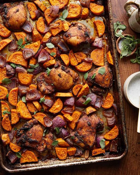 Sheet Pan Chicken and Sweet Potatoes - Bites with Bri Sheet Pan Veggies And Sweet Potatoes, Healthy Chicken Sweet Potato Recipes, Chicken And Sweet Potatoes Sheet Pan, Sheet Pan Chicken Sweet Potatoes, Sheet Pan Roasted Chicken And Vegetables, Chicken And Sweet Potato Sheet Pan, Chicken Thigh Sweet Potato Recipes, Chicken And Sweet Potatoes Recipes, Sheet Pan Chicken And Sweet Potatoes