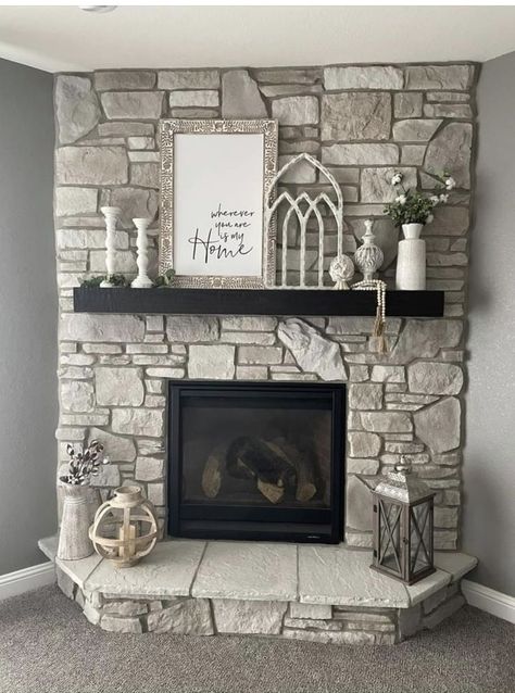 Pin by Charolette Cockerham on Decorating in 2022 | Brick fireplace makeover, Fireplace mantle decor, Farmhouse fireplace decor Farmhouse Living Room With Fireplace Decorating Ideas, Living Room With Chimney Decor, Fireplace Decor French Country, Rustic Fireplaces Farmhouse Style Shiplap, Decor For Stone Fireplace, Classy Fireplace Decor, Fireplace Floor Decor Ideas, Stone Mantel Decorating Ideas, Stone Fireplace Mantel Decorating Ideas