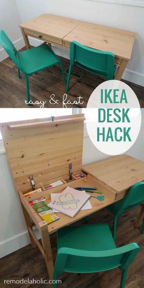 Easy And Fast IKEA Desk With Faux Drawer Fronts To Hike Kids Art Station With Storage #remodelaholic #homeschool #deskideas #deskhack #home Ikea Hemnes Desk, Hemnes Desk, Playroom Desk, Kids Art Station, Diy Kallax, Diy Kids Desk, Diy Bureau, Kids Homework Station, Kids Desk Storage