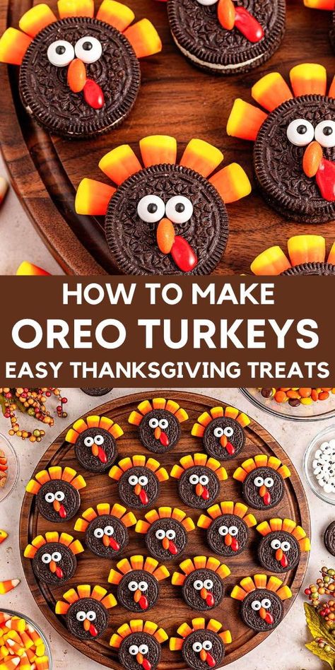 No bake Oreo turkey cookies! This simple dessert is perfect for the holiday season, requiring just a handful of ingredients Oreo cookies, candy corn, and chocolate. Not only are these cute Oreo turkeys easy to make, but they also make a great project for kids to get involved with during the holidays. Perfect as a Thanksgiving party dessert, these sweet treats are sure to delight both kids and adults. Try these fun, easy-to-make Oreo turkey cookies this Thanksgiving! Easy Thanksgiving Classroom Treats, Fun Things To Make For Thanksgiving, Thanksgiving Oreo Cookie Turkey, Oreo Candy Corn Turkey, Candy Corn Turkey Craft, Thanksgiving Preschool Party Food, Thanksgiving’s Deserts, Turkey Desert Thanksgiving, Thankgiving Food Ideas