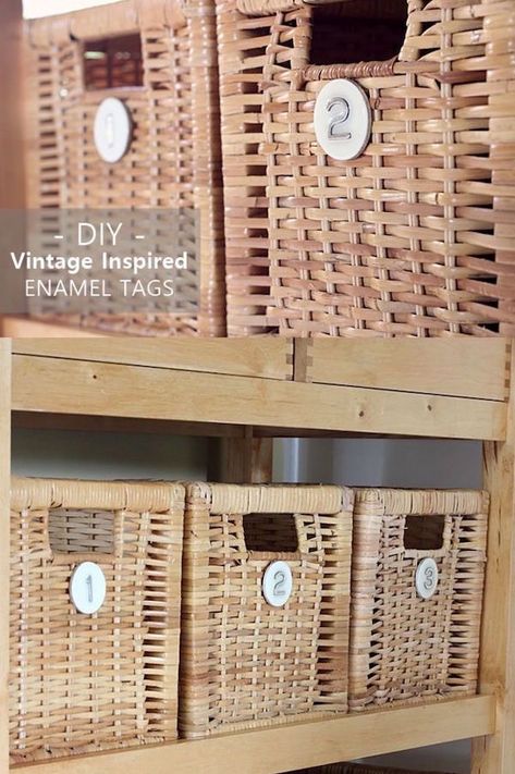 You'll love this unique organization project! Make these knock off vintage enamel basket tags using Dimensional Magic and stickers. This DIY is perfect for labeling storage in closets, pantry, etc. Cubby Baskets, Unique Organization, Craft Room Organization Diy, Basket Labels, Small Craft Rooms, Basket Tags, Mod Podge Crafts, Christmas Crafts To Sell, Popular Crafts