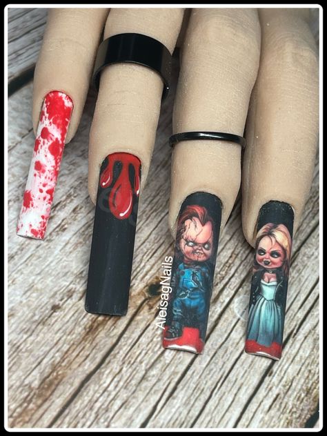 Chucky And Tiffany Nails, Chucky Nails, Cool Easy Nails, Black Sparkle Nails, Chucky And Tiffany, Tiffany Nails, Horror Nails, October Nails, Easy Nails