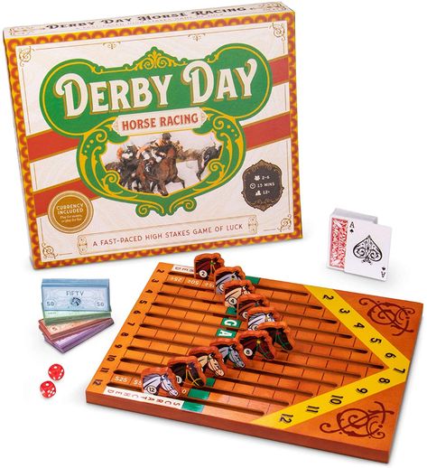 Amazon.com: Derby Day | Horse Racing Board Game | Family and Adult Game Great for Parties and Low-Stakes Gambling | Includes Game Board, Deck of Cards, Pair of Dice, and Paper Currency of Various Denominations: Toys & Games Horse Racing Game, Horse Race Game, Party Card Games, The Great Race, Run For The Roses, Fun Board Games, Derby Day, Derby Party, Playing Card Deck