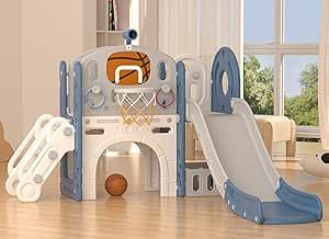 XJD 8 in 1 Toddler Slide Set, Kids Slide for Toddlers Age 1+, Toddler Climber Slide PlaySet with Basketball Hoop and Ball,Outdoor Indoor Playground for Toddlers 1-3 (Blue Gley, 8 in 1) Indoor Playset, Toddler Playground, Toddler Climbers, Baby Slide, Toddler Slide, Toddler Outdoor, Indoor Slides, Ring Toss Game, Playset Outdoor