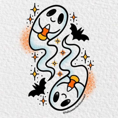 Halloween Sleeve, Cute Halloween Tattoos, Halloween Tattoos Sleeve, Candy Tattoo, Bestie Tattoo, Petit Tattoo, Ghost Tattoo, Tattoo Hand, Inspiration Tattoo