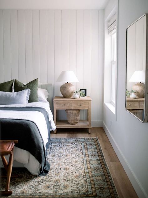 neutral earthy bedroom with vertical shiplap accent wall and vintage rug. Kaufmann House, Light And Dwell, White Paint Colors, Farmhouse Style House, Main Bedroom, Large Bedroom, Cheap Decor, Bed Room, Interior Design Studio