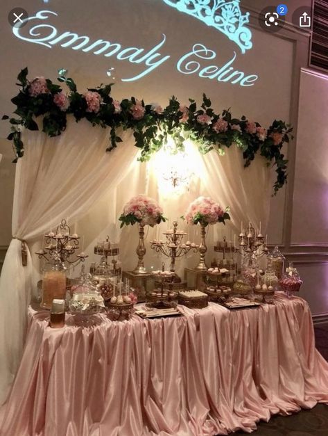 Wedding Table Backdrop Ideas, Rose Gold Quinceanera, Quince Decor, Draping Ideas, Quince Themes, Wedding Table Setup, Wedding Draping, Quinceanera Pink, Pink Quince