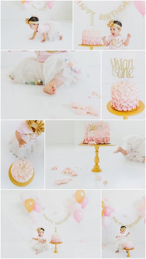 Pink and Gold 1st Birthday Cake Smash by Lori Romney Photography Pink And Gold 1st Birthday, Cake Smash Inspiration, Cake Smash Theme, Smash Cake Girl, Ballerina Birthday Parties, 1st Birthday Photoshoot, 1st Birthday Cake Smash, 1st Birthday Cakes, Creation Photo