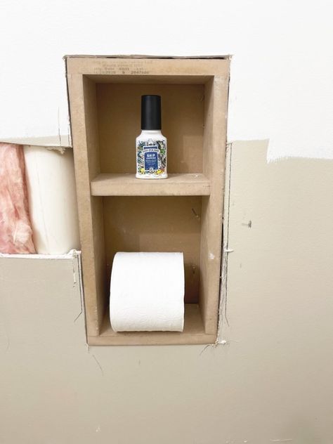 Toilet Paper Cubby In Wall, Inset Toilet Paper Holder, Built In Toilet Paper Holder, Recessed Toilet Paper Holder Built Ins, Toilet Paper Niche, Recessed Shelves Bathroom, Daycare Bathroom, Lake House Master Bath, Rustic Toilet Paper Holder