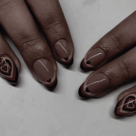 Brown Almond Nails With Heart, Dark Brown Nails Short, Brown Heart Aesthetic, Academia Nails, Dark Academia Nails, Heart Aesthetic, Brown Heart, Minimal Nails Art, Coffee Nails