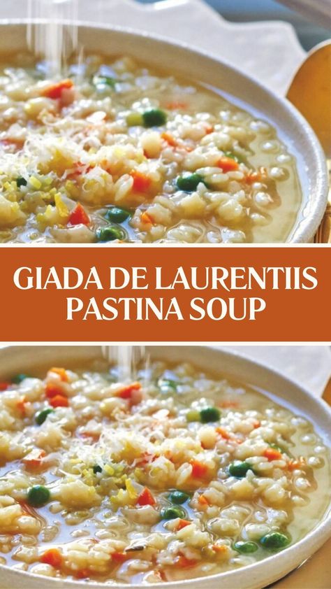 Giada De Laurentiis Pastina Soup Pastina Recipes Giada De Laurentiis, Soup With Star Pasta, Giada Soup Recipes, Giada Pastina Soup, Star Pasta Soup, Pastina Recipes Soup, Soup Recipes Broth Based, Giada De Laurentiis Recipes Pasta, Pastina Recipes Italian