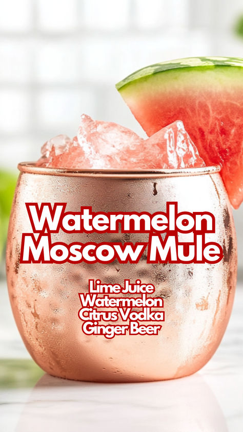 Watermelon Moscow Mule Watermelon Moscow Mule, Watermelon Mule, Mule Drink Recipes, Mule Variations, Watermelon Cocktails, Cocktail Cards, Ginger Beer Cocktail, Watermelon Wedge, Watermelon Cocktail