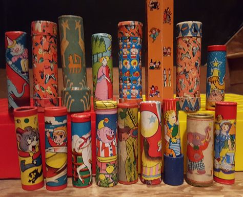 A collection of vintage mini kaleidoscope toys. Vintage Kaleidoscope, Kaleidoscope Toy, Arizona Tea, Drinking Tea, Beverage Can, Toys, Color, Art