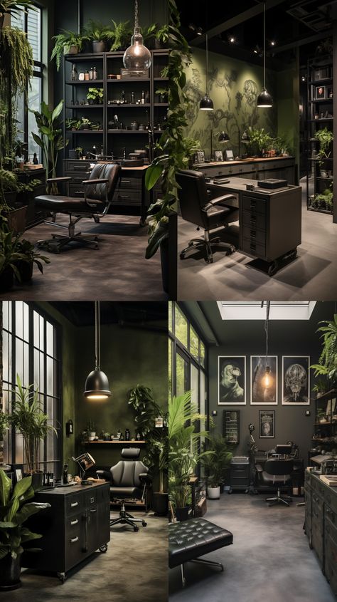 Black And Green Office Ideas, Goth Salon, Barber Suite, Black Room Ideas, Masculine Interior Design, Seshomaru Y Rin, Studio Tattoo, Dark Living Rooms, Salon Suites