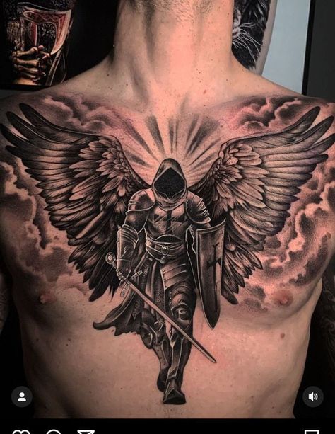 Tattoo On The Chest For Men, Tattoo For Chest Men, Angel Chest Tattoo Men, Mens Chest Tattoos Ideas Design, Chest Tattoo Men Ideas Unique, Angel Tattoo Back, Men’s Chest Tattoos, Men Chest Tattoo Ideas, Warrior Angel Tattoo