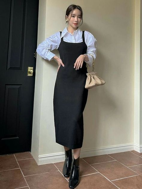 Korean Women Dresses Casual, Shein Cami Dress, Dress And Blouse Outfit, Shein Outfits Fall 2023, Sleeveless Black Dress Outfit, Black Cami Dress Outfit, Korean Fashion Dress Casual Outfit Women, Black Sleeveless Dress Outfit, Blouse Under Dress