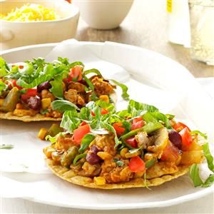 Tangy Turkey Tostadas Recipe -I'm a health fitness specialist and personal trainer, so I know how important it is to make smart food choices to fuel my day. These fast and filling tostadas are packed with lean protein, fiber and a good dose of veggies. Have them any night of the week. —Julie Huntington, Memphis, Tennessee Ww Tacos, Turkey Tostadas, Freezable Recipes, Retreat Recipes, Advocare Cleanse, Tostada Recipe, Tostadas Recipe, Cooking Kids, Missouri Travel