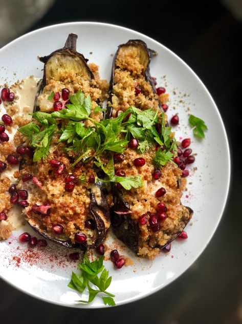 Charred Eggplant, Tahini Drizzle, Savory Quinoa, Stuffed Eggplant, Eggplant Dip, Jewish Food, Lunch Bowl, Yom Kippur, Vegetable Side