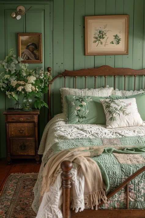 Cottage Core Bedrooms, Sage Green Quilt, Sage Green Farmhouse Bedroom, Green Farmhouse Bedroom, Sage Green Farmhouse, Friendship Blanket, Sage Green Bedrooms, Cottagecore Bedroom Ideas, Sage Bedroom