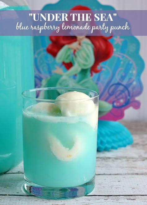 Ariels Under the Sea Blue Raspberry Lemonade Party Punch Recipe #TheLittleMermaid #Disney #Ariel Lemonade Party Punch, Raspberry Lemonade Punch, Party Punch Recipe, Blue Raspberry Lemonade, Sherbet Punch, Blue Punch, Lemonade Punch, Party Punch Recipes, Lemonade Party