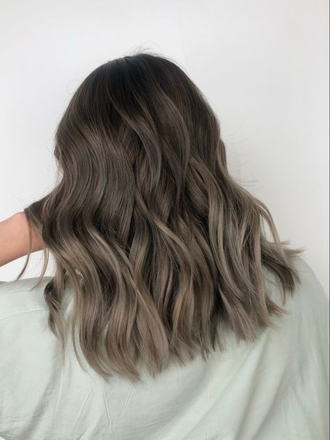 Mid Hair Length Balayage, Cool Muted Brown Hair, Balayage Mushroom Brown, Grey Balayage Brunettes, Ash Brown Short Hair, Cool Tone Brown Hair Balayage, Asian Hair Balayage Ash Brown, Mid Length Balayage Hair Brunettes, Short Ashy Brown Hair