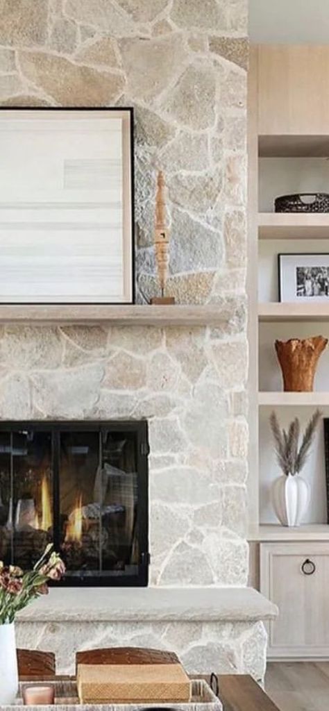 Whitewash Wood Mantle, Modern Rustic Fireplace Stone, Stone Faced Fireplace, Stone Fireplace With Limestone Mantel, Stone Fireplace White Mantle, Flag Stone Fireplace, Stone Fireplace Inspiration, Stone Fireplace With Stone Mantle, Wood Mantle Stone Fireplace