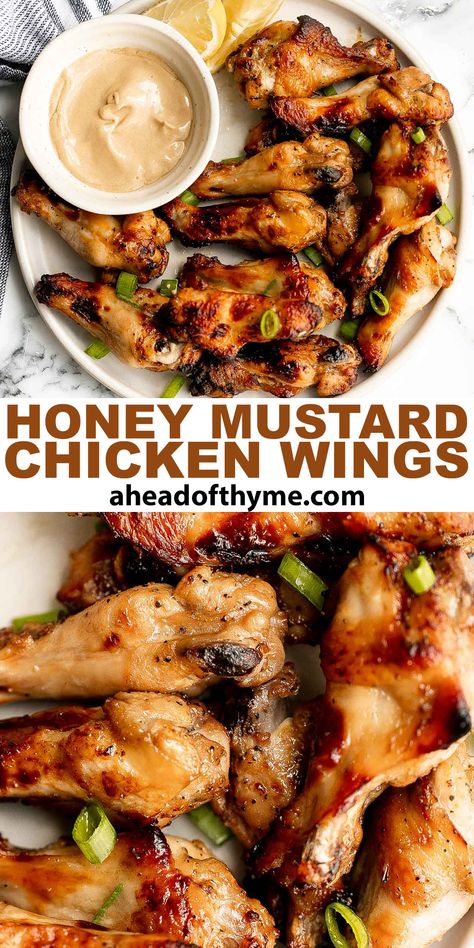 Honey mustard chicken wings are crispy on the outside but juicy and tender inside. Baked in an air fryer to crispy perfection (or in the oven), they have the best texture and taste. Marinate these wings overnight if you have the time or if you are in a rush, an hour is enough time to soak in all the flavor from the delicious homemade honey mustard marinade. The best part? The prep takes just 5 minutes to toss everything together. | aheadofthyme.com #honeymustardchickenwings #ho via @aheadofthyme Chicken Wings Marinade Overnight, Honey Mustard Wings, Chicken Wings Recipe Oven, Mustard Marinade For Chicken, Honey Mustard Chicken Wings, Mustard Marinade, Honey Mustard Marinade, Seafood Noodles, Wing Recipes Baked