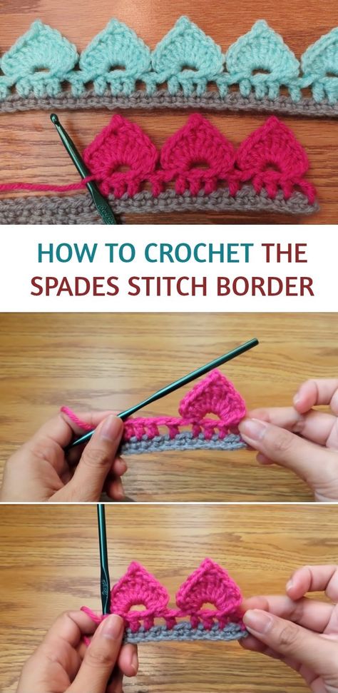 Crochet Spades Stitch Border or Edging Crochet Edging Patterns Free, Crochet Blanket Border, Crochet Blanket Edging, Háčkované Lemy, Border Patterns, Crochet Border Patterns, Ornament Flower, Borders Free, Flower Coaster