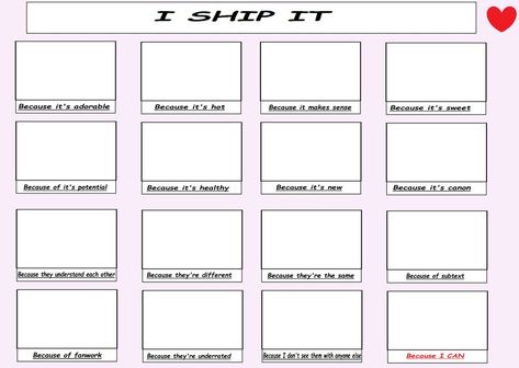 Ultimate I ship it meme by MiraculousQueen23 on DeviantArt I Ship It Because Template, My Ship In 5 Minutes Template, Character Sheet Writing, Oc Template, Drawing Meme, Character Sheet Template, Art Style Challenge, Drawing Ideas List, Character Template