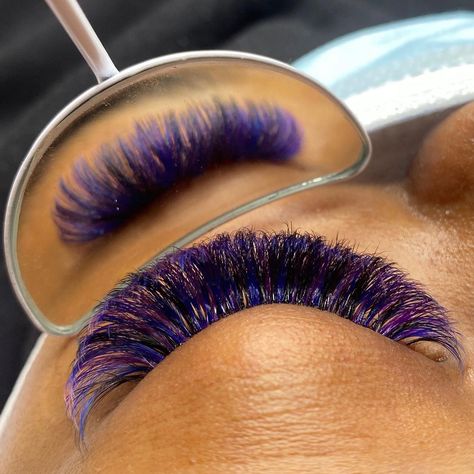 Jessica Nguyen SJ Lash Artist on Instagram: “Me entry for @elan.beaute colored lash contest😉 I had soooo much fun creating this set, it’s a mixture of black, blue & purple for ms…” Blue And Purple Lash Extensions, Purple Lash Extensions Styles, Gold Lash Extensions, Purple Lashes Extensions, Purple Eyelash Extensions, Purple Lash Extensions, Colored Lash Extensions Styles, Blue Eyelash Extensions, Blue Lash Extensions