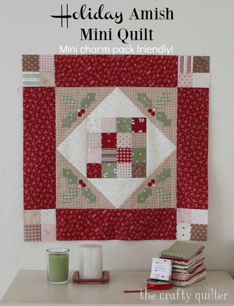 Amish Mini Quilt, a free pattern by Julie Cefalu @ The Crafty Quilter. Includes an option to add applique suitable for the holidays and it's mini charm pack friendly! Amische Quilts, Seasonal Quilts, Quilts Christmas, Christmas Quilting Projects, Christmas Quilt Blocks, Block Quilts, Mini Quilt Patterns, Christmas Quilting, Quilting Blocks