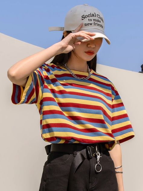 Multicolor Casual  Half Sleeve Cotton Striped  Embellished Slight Stretch  Women Tops, Blouses & Tee Striped T Shirts Women, Striped Top Outfit, Stripy Tops, Striped Shirts, Drop Shoulder Tee, Striped Turtleneck, Layering Outfits, Striped T Shirt, Casual Style Outfits