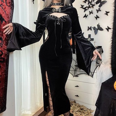 Velvet Lace Up High Split Long Bell Sleeve Hooded Bodycon Dress 2-piece Sets High Split Dress, Morticia Addams, Suspenders For Women, Goddess Dress, Lace Cutout, High Waist Dress, Looks Street Style, Velvet Lace, Gothic Dress