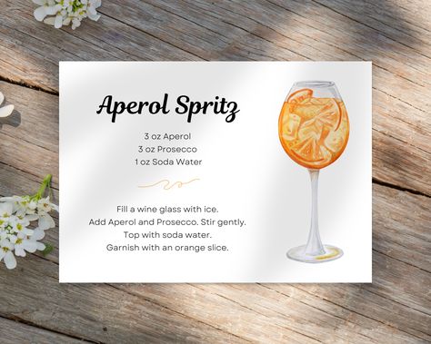 Aperol Spritz Cocktail Recipe Card - Digital Download. Cocktail Recipe Card, Cocktail Book Design, Drink Prints, Housewarming Gift Basket, Diy Alcohol, Aperol Spritz Recipe, Spritz Cocktail, Cocktail Book, Cocktail Recipes Easy