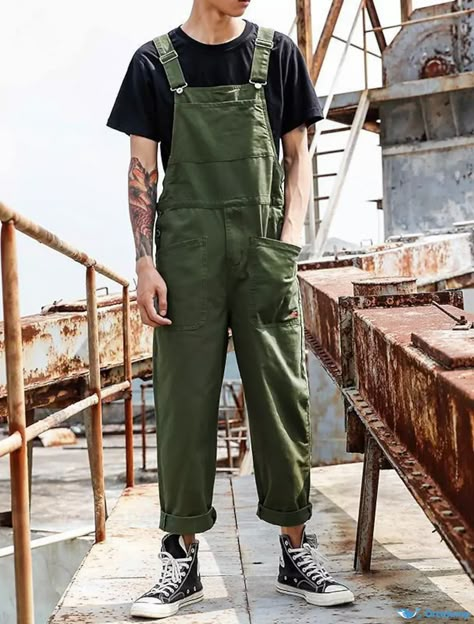 OrcaJump - Mens Solid Color Multi-Pocket Cargo Work Pants - Transpirable Comfort with Ankle Length for Everyday Streetwear - Stylish Green & Black Overalls Outfits, Celana Kargo, Cargo Jumpsuit, Cargo Pants Style, Cargo Work Pants, Men's Cargo Pants, Pants Overalls, Overalls Men, Overalls Outfit