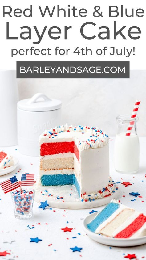 This red, white, and blue layer cake is the ultimate patriotic dessert for the 4th of July or Memorial Day! With 3 different colored cake layers and tons of red, white, and blue sprinkles it's sure to be a showstopper! Red White Blue Cake, White Cake Cupcakes, Blue Sprinkles, Boozy Cupcakes, Blue Birthday Cakes, 3 Layer Cakes, Purple Food Coloring, Strawberry Shortcake Cake, Patriotic Desserts