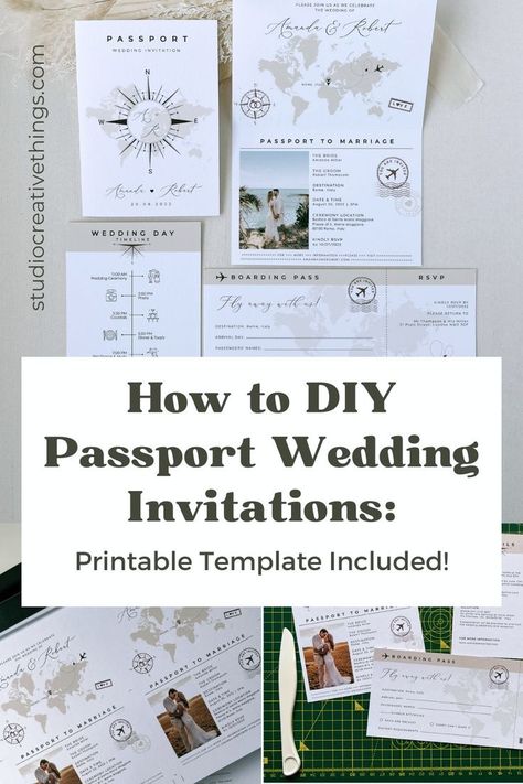 Wander into the world of destination love with our step-by-step guide on how to DIY passport wedding invitations. Use our printable template and unleash your creativity to craft travel-themed invites that will whisk your guests away. Save this pin and visit studiocreativethings.com to learn how to create your invite with our printable passport wedding invitations. Diy Boarding Pass Template, Travel Inspired Wedding Invitations, Diy Destination Wedding Invitations, Wedding Invitation Cards Diy, Destination Wedding Invites, Passport Wedding Invitations Template, Wedding Invitation Ideas Unique Creative, Passport Invitations Wedding, Wedding Invitations Passport