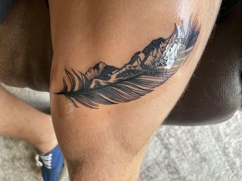 Feather Mountain Tattoo, Feather Tattoo Women, Feather Pen Tattoo, Polka Tattoo Designs, Trash Polka Tattoos, Family Tattoos For Men, Trash Polka Tattoo Designs, Carey Hart, Simple Arm Tattoos