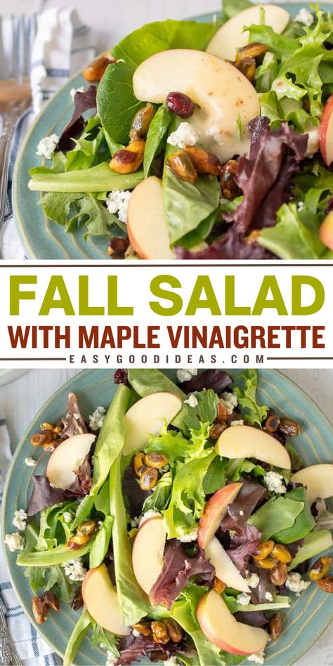 This Fall Salad with Maple Vinaigrette is an easy dinner party recipe that combines fresh greens, candied nuts, apples, cranberries, and blue cheese. Add this recipe to your easy Thanksgiving side dishes! Green Salad Recipes Thanksgiving, Green Salad With Cranberries, Fresh Sides For Thanksgiving, Green Salad Thanksgiving, Green Salads For Thanksgiving Dinner, Thanksgiving Green Salad Recipes, Green Thanksgiving Side Dishes, Easy Salads For Thanksgiving Dinner, Easy Thanksgiving Salad Recipes