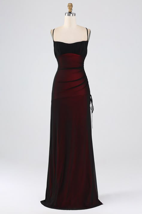 Detail:  Transform into a vision of gothic elegance with our Sheath Spaghetti Straps Floor Length Black Red Bridesmaid Dress. This 90s vintage-inspired prom dress boasts a romantic red and black color scheme, complete with a sultry black mesh overlay. Elevate your style and stand out with this exclusive maxi dress.   Silhouette: Sheath Style 
  Color: Black Red  Length: Long 
  Neckline: Spaghetti Straps 
  Sleeves: Sleeveless 
  Back:    Lace-Up Back     Classic Match:  Formal, Evening, Guest Formal Dark Red Dress, Gothic Wedding Bridesmaid Dresses, Dark Red Gala Dress, Prom Dresses Red And Black, Zapaka Prom Dress, Red And Black Dress Aesthetic, Victorian Bridesmaid Dress, Black Prom Dress Inspiration, Black And Red Dress Formal