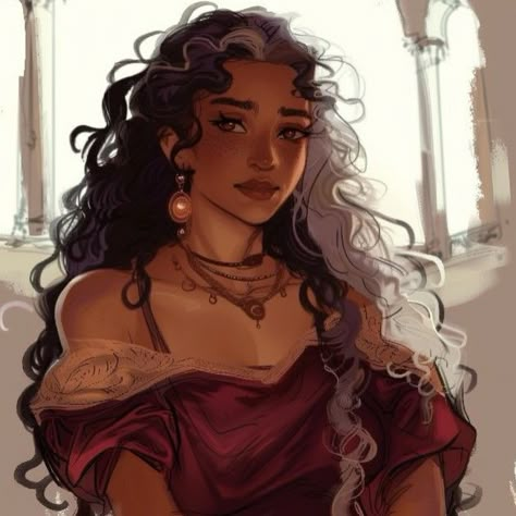 Plus Size Redhead Aesthetic, Female Oc Black Hair, Spanish Character Design, Desi Character Design, Black Oc Female, Princess Character Art, Curly Hair Drawing, Dnd Art, Black Love Art