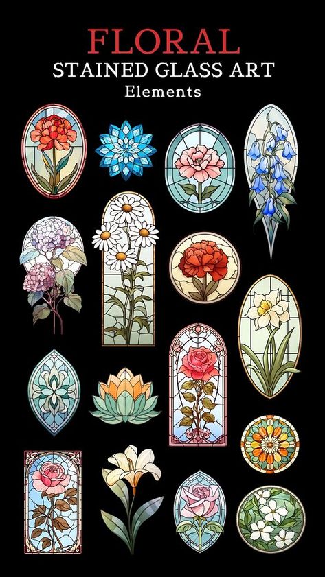 Floral stained glass art elements  Pinterest banner | premium image by rawpixel.com / Aew Stained Glass Window Flower, How To Draw Stained Glass Patterns, Stained Glass Art Flower, Stain Glass Flower Pattern, Flowers Stained Glass Patterns, Stained Glass House Patterns, Stained Glass Floral Patterns, Floral Stained Glass Windows, Art Nouveau Stained Glass Designs