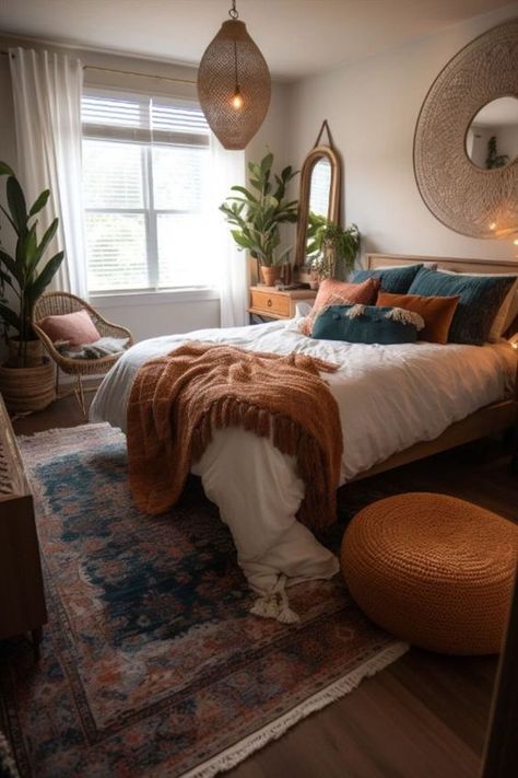 Maximalist Meets Minimalist, Simple Boho Room Ideas, Cozy Maximalism Small Bedroom, Bright Cozy Bedroom, Boho Chic Apartment, Cali Bedroom, Apartment Decorating Boho, Large Bedroom Layout, Boho Bedroom Aesthetic