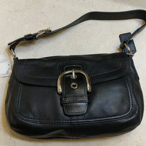 Coach Medium Black Leather Bag, Magnetic Closure 12.5" X 7.5" Inner Zip And Phone Pockets Back Pocket Coach Black Leather Bag, Small Black Leather Purse, Vintage Black Coach Bag, 90s Coach Bags, Mini Black Purse, Black Purse Aesthetic, Aesthetic Purse, Purse Aesthetic, Purses Black